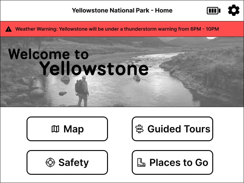 TrekAssist prototype showing a weather warning and map, tour, and safety task entries