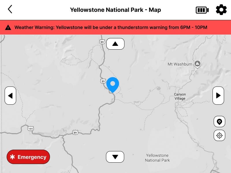TrekAssist map prototype with weather warning and emergency controls