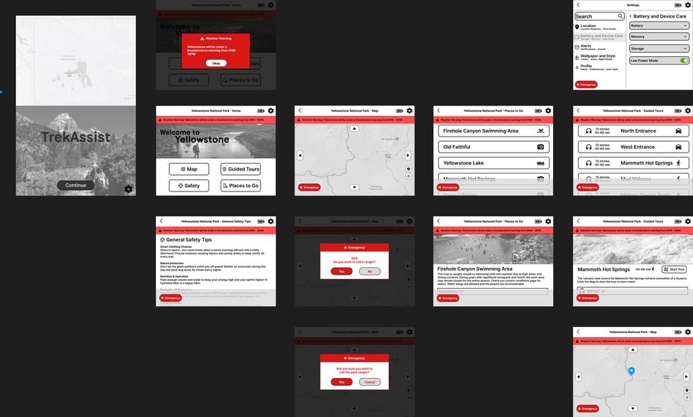 TrekAssist post-usability-test prototype concept screens