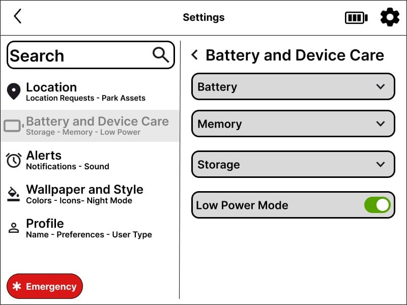 TrekAssist settings screen with battery and low power options